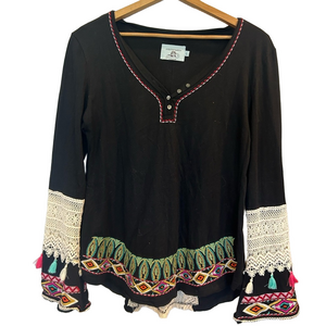 Judith March Black and Red Embellished Long Sleeve Blouse